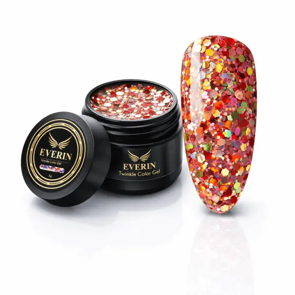 Twinkle Color Gel EVERIN 5ml – 12 | Gel Color Roșu-Cupru cu Sclipici Holografic Multicolor pentru Manichiură Profesională