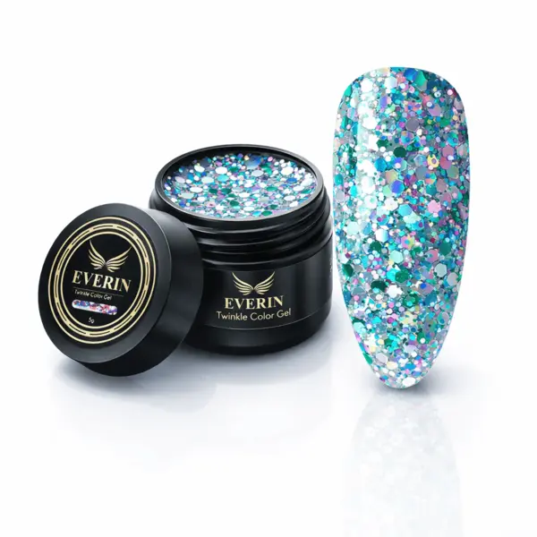 Twinkle Color Gel EVERIN 5ml – 15 | Gel Color Albastru-Turcoaz cu Sclipici Holografic Multicolor pentru Manichiură Profesională