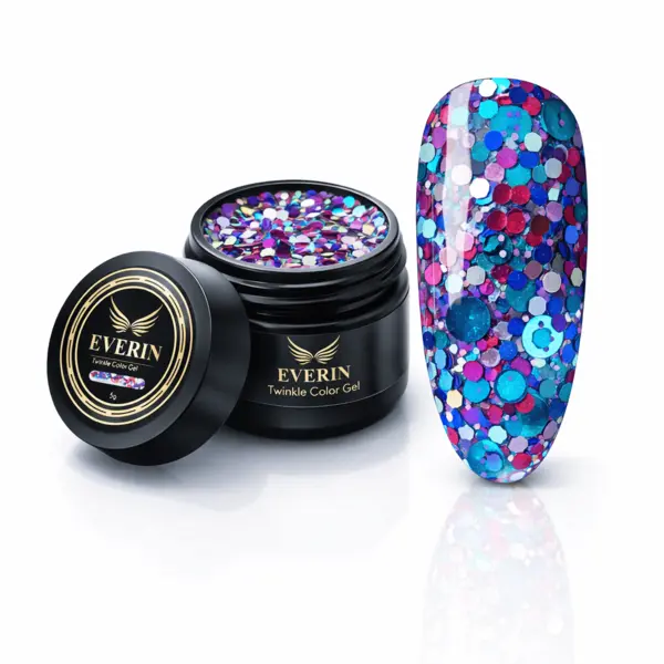 Twinkle Color Gel EVERIN 5ml – 21 | Gel Color Albastru-Turcoaz cu Sclipici Roz și Violet Holografic