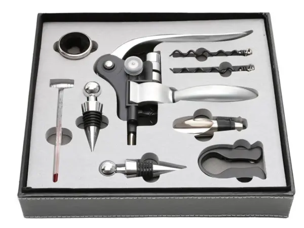 UB Set premium accesorii profesionale pentru vin in cutie de lemn 9 elemente kitul somelierului