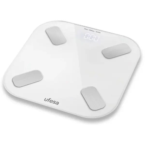Ufesa Cantar electric Ufesa Scale Nyon, greutate suportata 180 kg, Precizie 100g, Display LCD, Indicator supraponderalitate, Sticla securizata, Ultra slim, Pornire/Oprire automata
