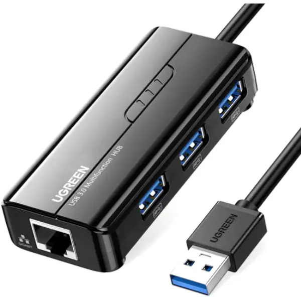 Ugreen ADAPTOR RETEA Ugreen, 20265 extern, USB 3.0 (T) la port Gigabit RJ-45, porturi USB: USB 3.0 x 3, LED, negru 20265