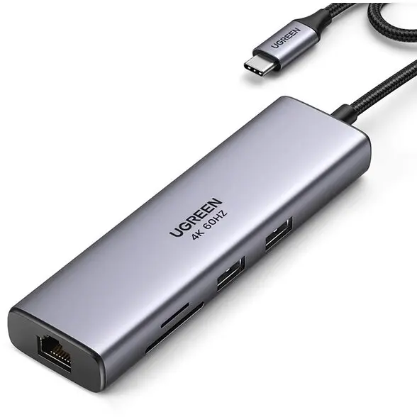 Ugreen Adaptor Ugreen CM512, 90568, USB-C - 2x USB-A 3.0, HDMI, RJ45, Cititor de carduri SD si TF, USB-C PD, 100W, Gri