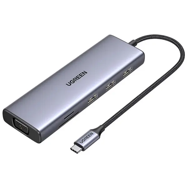 Ugreen Hub USB-C UGREEN CM498 (15600), 3 x USB-A 3.0 - 1 x USB-C - 1 x HDMI - 1 x VGA - 1 x RJ45 - 1 x SD - 1 x microSD, Gri