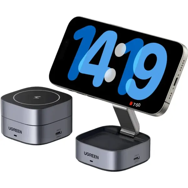 Ugreen Incarcator wireless Ugreen MagFlow 2-in-1 Qi2, 15W, Gri