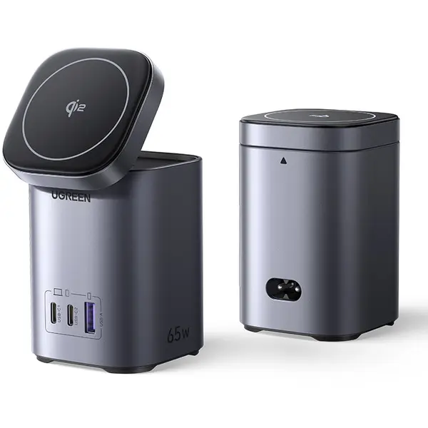 Ugreen Statie de incarcare UGREEN Nexode 65W GaN, 15W Qi2 Wireless Stand, 1x USB-A, 2x USB-C, Gri