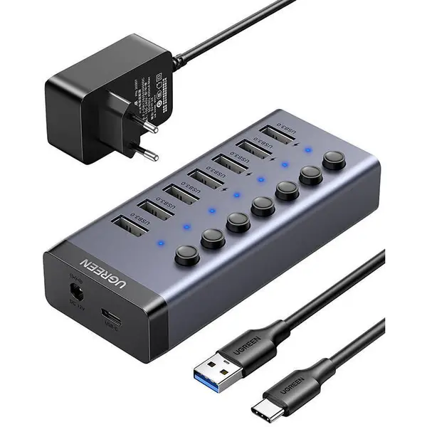 Ugreen USB HUB Multiport 7 x USB 3.0, Ugreen 90307 CM481, Alimentare Activa 12V, Priza EU, Aluminiu, Gri