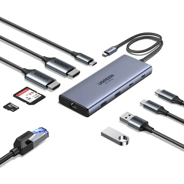 Ugreen USB HUB Ugreen KF2349436, USB-C la 3x Type-C, 2x USB-A, 2x HDMI, RJ45, TF, SD Card, PD100W, 1000Mbps, Gri