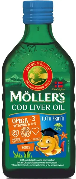 Ulei de ficat de cod Omega-3 + Vitaminele A, D, E, fructe, 250 ml, Mollers