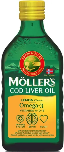Ulei de ficat de cod Omega-3 + Vitaminele A, D, E, lămâie, 250 ml, Mollers