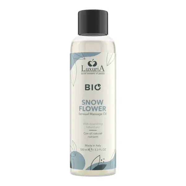 Ulei de masaj LUXURIA Bio Snow Flower, cu uleiuri naturale, fără parabeni, aromă fructată și florală, 100 ml (albastru)