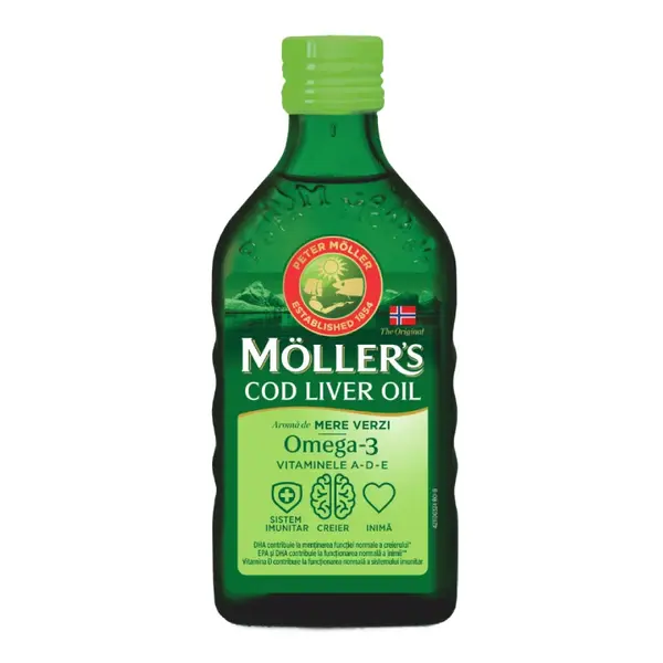 Ulei din ficat de cod cu aroma de mere verzi, 250 ml, Moller's