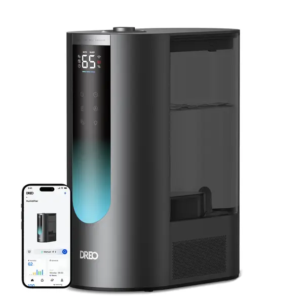 - Umidificator aer Dreo 813S Smart, Rezervor 6l, 500ml/h, Ceață caldă și rece, 3 trepte umidificare, Senzor umiditate, Indicator Umiditate, Duză de Ceață, Mod Auto, Aromaterapie, Negru