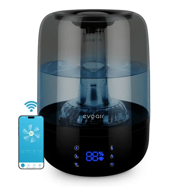 - Umidificator Evoair LUNO BLACK, Smart, Wifi, Rezervor 2.5L, Capacitate de umidificare 150 ml/h, Senzor umiditate, Autonomie 16 ore, Indicator umiditate și temperatură, Negru&Gri