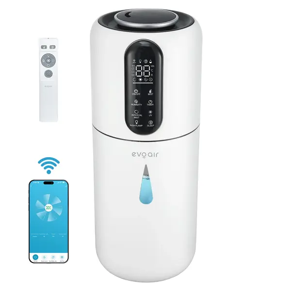 - Umidificator Evoair STEAMIX3800 Smart, Wifi, Rezervor 3.8L, Capacitate de umidificare 300ml/h, Senzor umiditate, Mod Auto, Autonomie 13 ore, Lampă UVA, Aromaterapie, Indicator umiditate și temperatură, Telecomandă, Alb