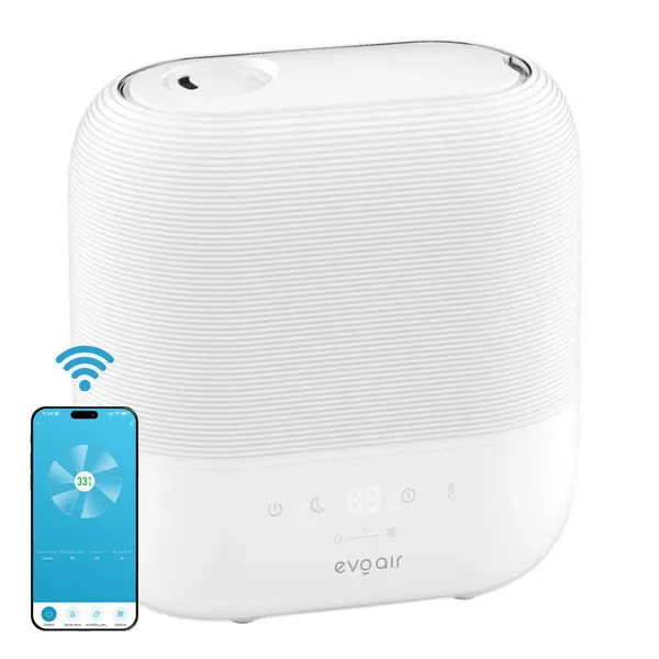 - Umidificator Evoair UMIVA 4700 Smart, Wifi, Rezervor 4.8L, Capacitate de umidificare 400ml/h, Senzor umiditate, Mod Auto, Autonomie ≥9.5 ore, Aromateriapie, Indicator umiditate și temperatură, Alb