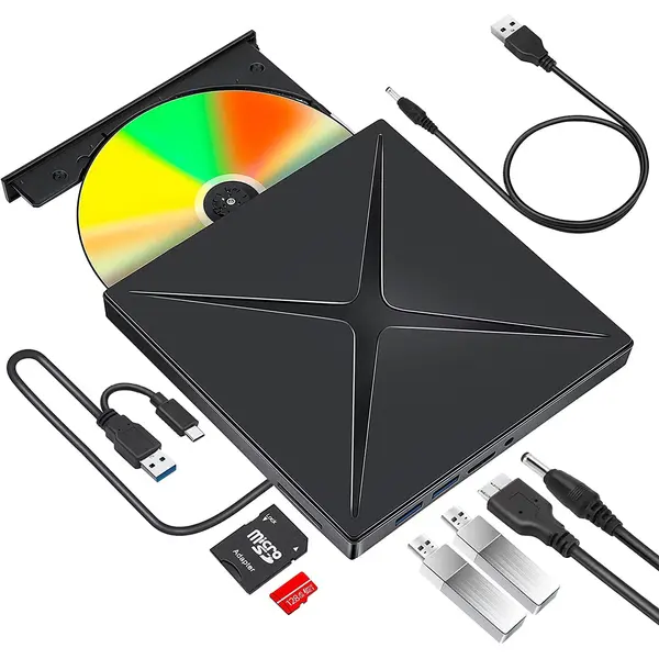 Unitate DVD CD RW externa portabila NewEvo, Port Usb C, Hub USB 3.0, Cititor de carduri SD, Disk Burner, Reader DVD Player pentru Windows 10, Laptop,