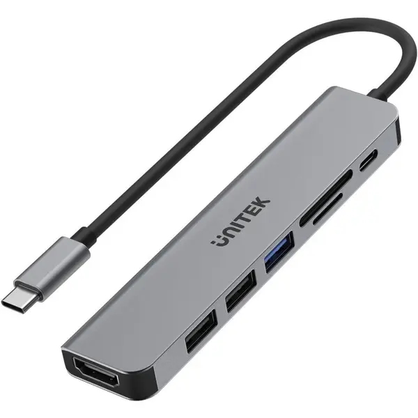 UNITEK Hub Unitek H1118A USB-C 7 in 1, USB-A x3, USB-C, HDMI, SD, microSD, Gri Inchis