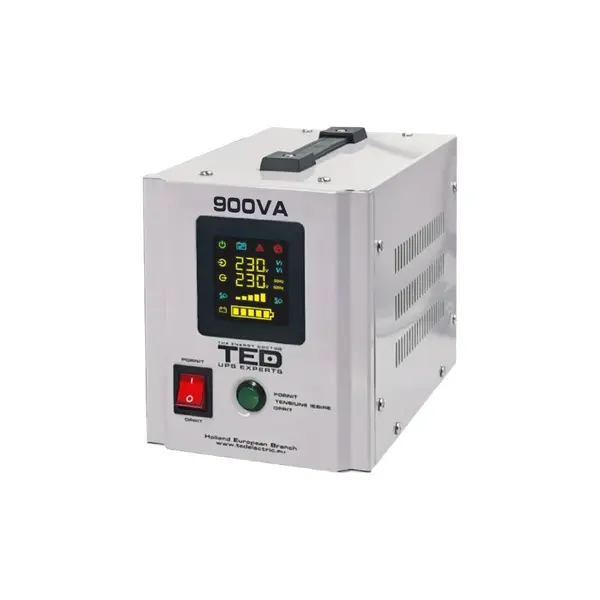 UPS cu 2 prize pentru centrala termica gaz/lemne TED 000361, 900VA / 500W, unda sinusoida pura, ecran LCD