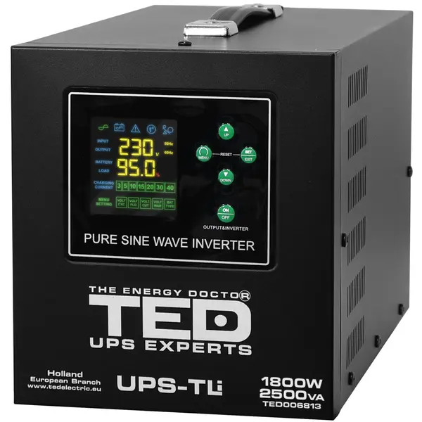 UPS pentru centrala termica (pe lemne / gaz) TED Electric 2500VA/1800W TED006813, unda sinusoida pura, borne externe 24v, suporta acumulatori Litiu/Pb