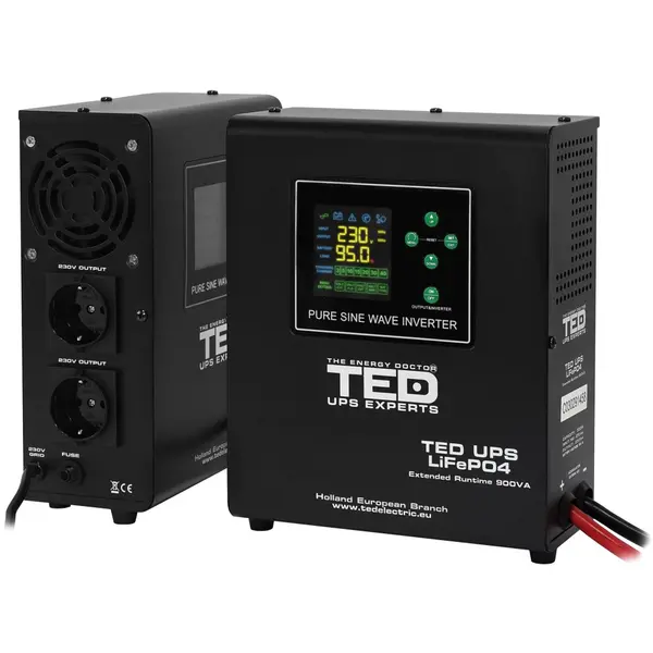 UPS pentru centrala termica TED Electric 900VA / 500W Runtime extins utilizeaza 1 acumulator (LiFePO4 / Auto / AGM), unda sinusoida pura, TED006653