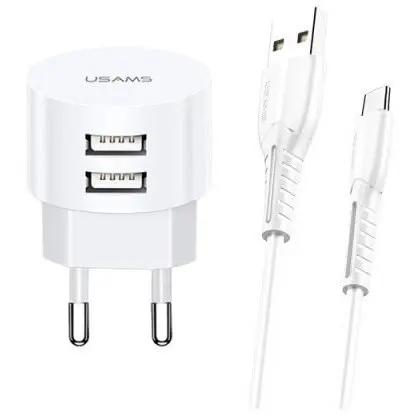 Usams Incarcator de retea Usams USA000461 2x USB Fast Charging 10W + Cablu USB la Micro USB Alb