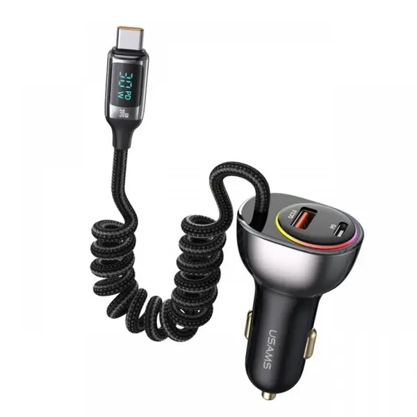Usams Set Incarcator Auto Dual port USB si Type-C, Fast Charge Digital Display, PD, 60W, cu cablu Type-C, Negru