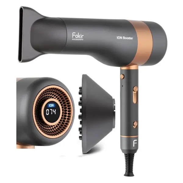 Uscător de păr Fakir Ion Booster, Motor digital AC 2000W, Ionizare, Reglare continuă viteză, 3 trepte temperatură, LCD, Aer rece, Difuzor și concentrator incluse, Cablu 2.5m, Antracit