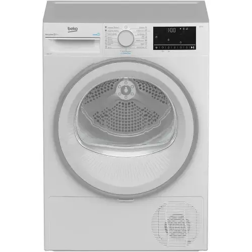 Uscator de rufe Beko B3T42242, Pompa de caldura, 8 kg, 15 programe, RecycledDry, Motor ProSmart™ Inverter, OptiSense, Aquawave®, Alb