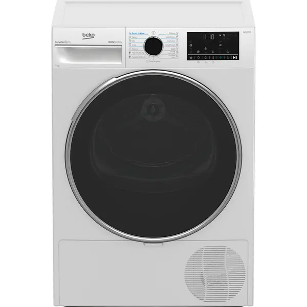 Uscator de rufe Beko B5T49243WEU, 9 kg, Pompa de caldura, Child Lock, 15 programe, Iluminare LED, Digital Display, Iron Finish, RecycledDry, OptiSense, Alb, Clasa B