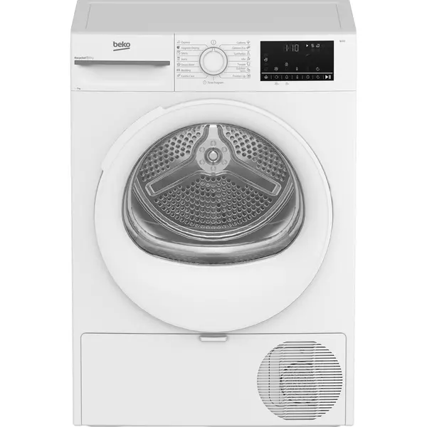 Uscator de rufe Beko BM3T4723WWEU, Pompa de caldura, 7 kg, 15 programe, Digital Display, ProSmart Inverter, EcoSense, Aquawave, Hygienic Drying, Alb, Clasa D