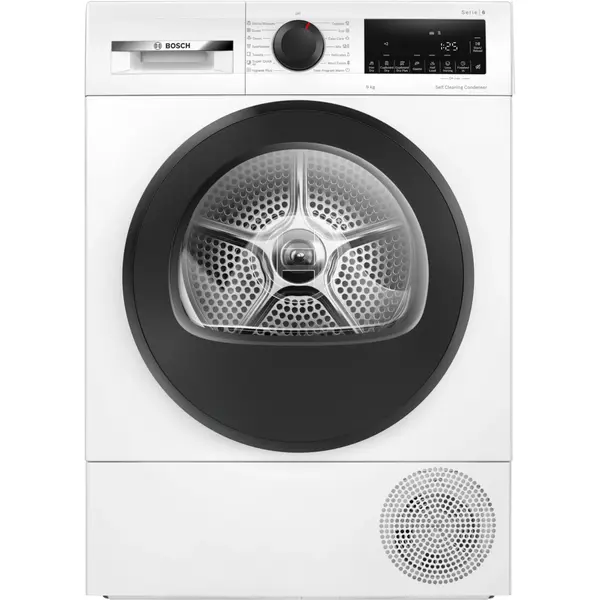 Uscator de rufe cu condensare si pompa de caldura Bosch Seria 6 WQG24501BY, 9 kg, Clasa D, Auto Dry, Afisaj LED, AntiVibration Design, Siguranta copii, Alb