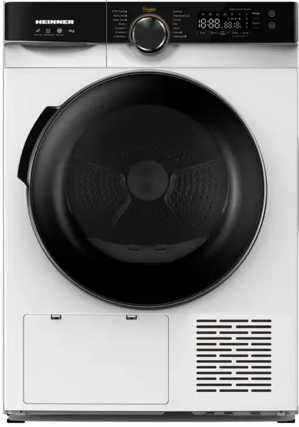 Uscator de rufe cu pompa de caldura Heinner HHPD-M8K3A++, 8 kg, Clasa A++, 14 programe uscare, Display LED, Start intarziat, Anti-sifonare, Lumina cuva, Selector nivel uscare (Alb)