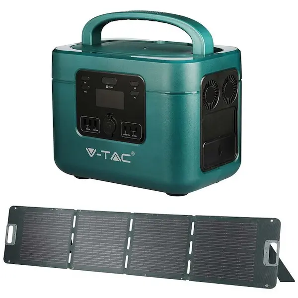 V-tac Kit statie de alimentare portabila solara V-TAC 11443, 1000W, 46.9Ah/22.4V, USB-A Quick Charge 18W, USB-C, PD 5V-20V 65W, incarcare Wireless + Panou fotovoltaic V-TAC 11566, 160W, pliabil, IP67