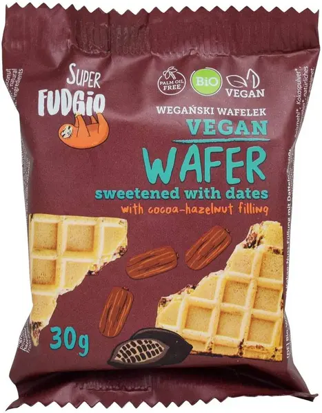 Vafă vegană organică, îndulcită cu curmale, 30 g, Super Fudgio