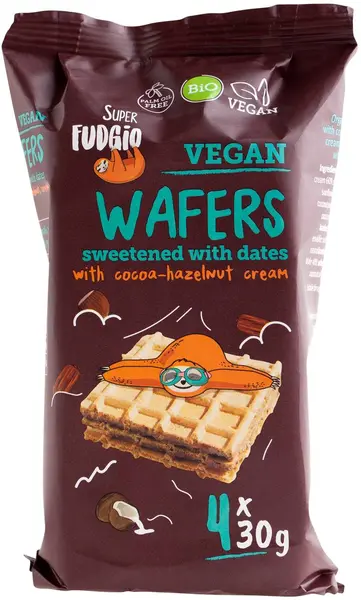 Vafe vegane organice îndulcite cu curmale, 4 х 30 g, Super Fudgio