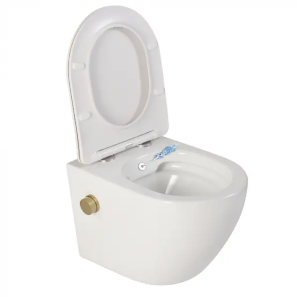 Vas wc suspendat cu functie bideu, semirotund, rimless, apa calda rece, capac soft close, baterie auriu mat Foglia Oslo