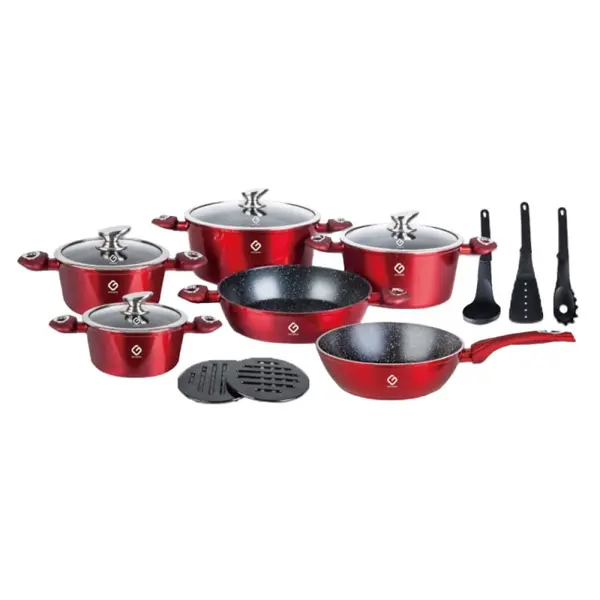 Vase din Aluminiu, Rosii, Set 15 Piese, Capace din Sticla, Compatibile cu Plita cu Inductie, Grunberg