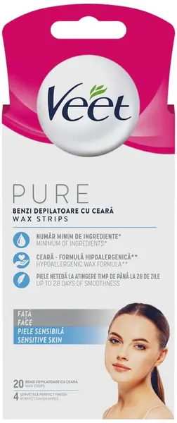 Veet Pure - Benzi de ceară facială pentru piele sensibilă, 20 bucăți