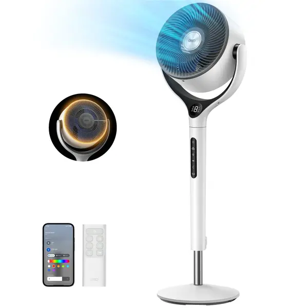 - Ventilator Circular Smart Dreo DR-HPF025S, Telecomandă, 9 Viteze, 4 Moduri Funcționare, Oscilație Verticală și Orizontală pana la 120°, Timer, Control WiFi, Display LED, Alb