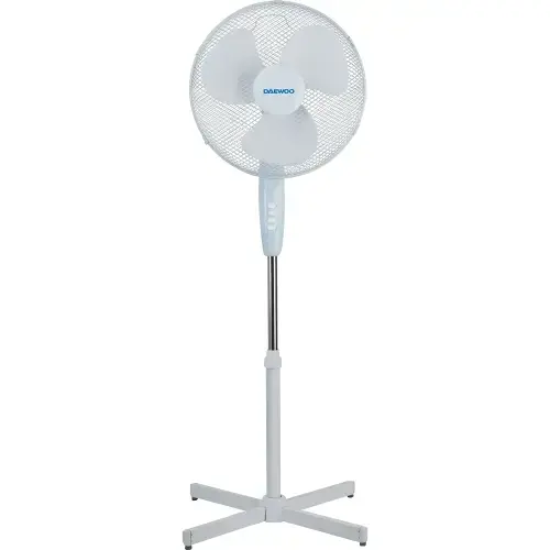 Ventilator cu picior Daewoo DVS1699V, putere 50 W, 40 cm diametru, trei trepte de putere, inaltime reglabila pana la 125 cm, gril frontal de protectie, oscilare la 90 grade, baza stabila (Alb)