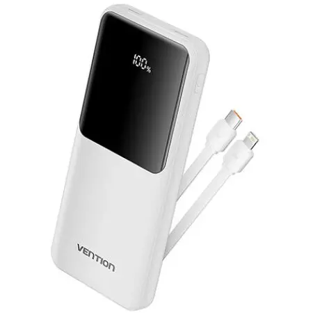 Vention POWER BANK Vention 10.000 mAh, 22.5W PD 20W, QC, 1x USB-C, 2x USB-A, 1x micro USB (doar pt incarcare), cablu Ligtning si USB-C integrate, afisaj LED, cablu Lightning si USB-C integrate, 314g, alb