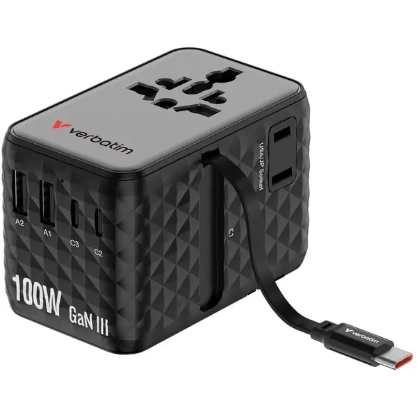 Verbatim Adaptor calatorie Verbatim GaN,100W,cablu retractabil USB-C PD 3.0 QC4+ pana la 100W/USB-A pana la 12W, Negru