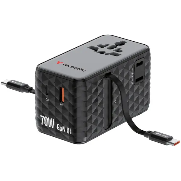 Verbatim Adaptor calatorie Verbatim GaN,70W,2 cabluri retractabile, USB-C PD 3.0 QC4+ pana la 70W/USB-A QC 4+ pana la 60W, Negru