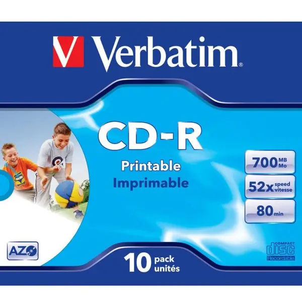 Verbatim BLANK CD-R Verbatim AZO 52X 700MB JC WIDE INKJET PRINTABLE ID BRANDED 43325 (pret la 1 buc. 43324 CD - 10buc. / cutie)