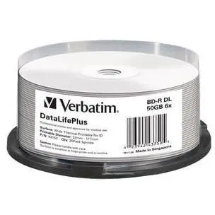 Verbatim Disc Blu-ray inscriptibil Verbatim BD-R DL 50GB, 6X, suprafata imprimabila termic pe toata zona, fara ID, protectie Hard Coat, pachet 25 bucati tip spindle