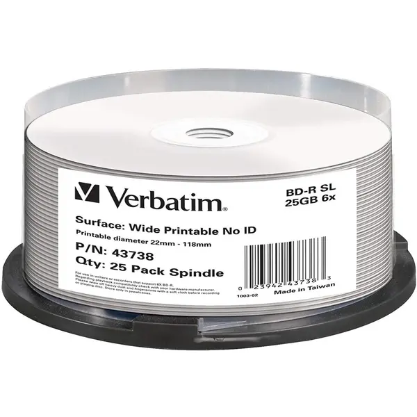 Verbatim Disc Blu-ray inscriptibil Verbatim BD-R SL, 25GB, 6x Print, NO ID, Spindle, 25 Bucati