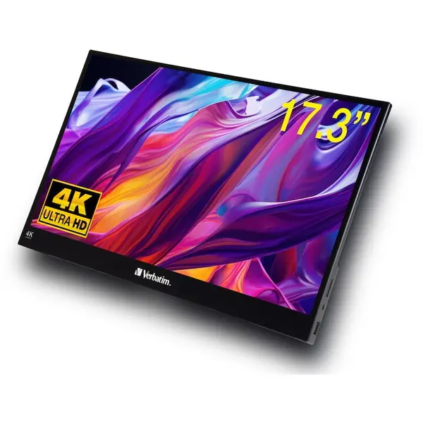 Verbatim Monitor LED IPS Portabil, Verbatim PMT-17-4K, Touchscreen 17.3 inch, Ultra HD 4K, 6 ms, boxe integrate, HDR, FreeSync, USB-C, HDMI, USB, Negru