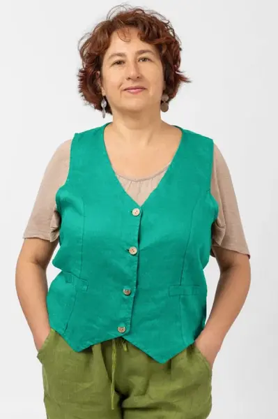Vesta trendy din in cu colturi si nasturi de lemn, turcoaz