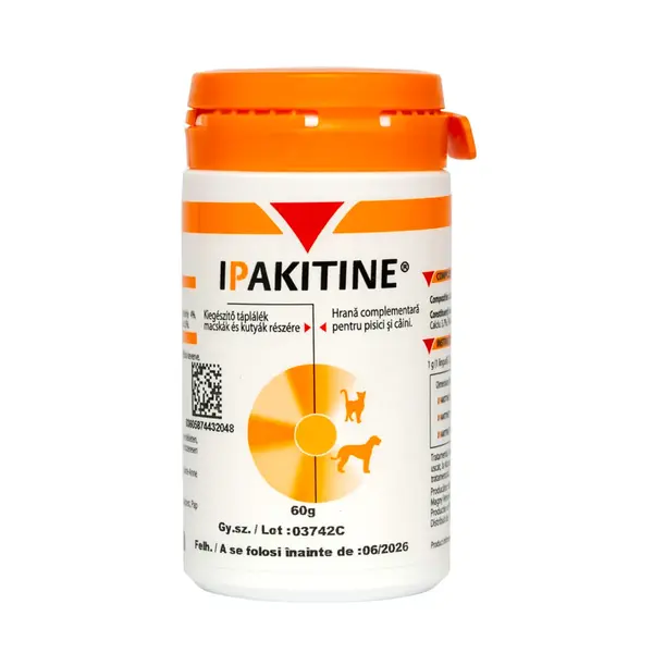 VETOQUINOL Ipakitine, supliment sistem renal câini, pudră VETOQUINOL Ipakitine, XS-XL, supliment sistem renal câini și pisici, flacon, 60g pudră
